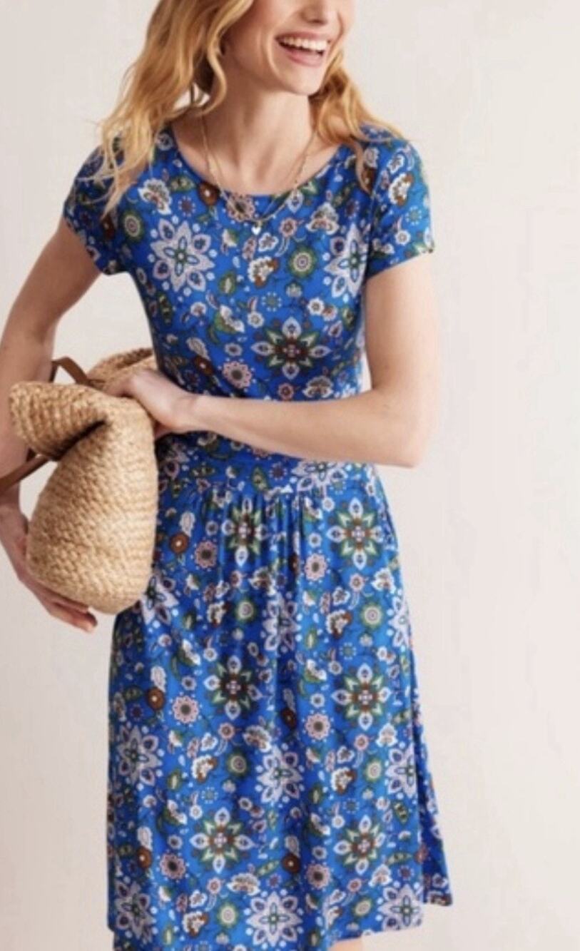 Boden Amelie Jersey Floral Short Sleeve Midi Sundress Blue Multi Women's 16-18L